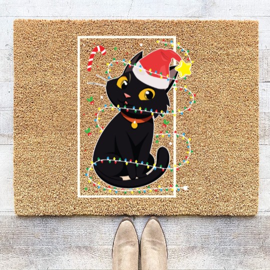 Black Cat Christmas Tree Lights Holiday Cats Lover Coir Doormats