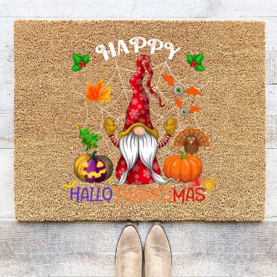 Happy HalloThanksMas Gnome Coir Doormats