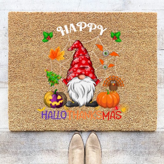 Happy HalloThanksMas Gnome Coir Doormats