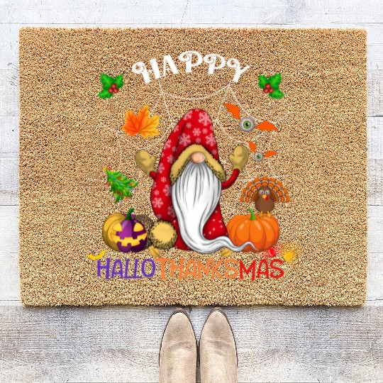 Happy HalloThanksMas Gnome Coir Doormats