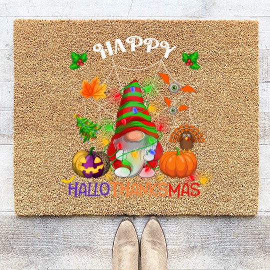 Happy HalloThanksMas Gnome Coir Doormats