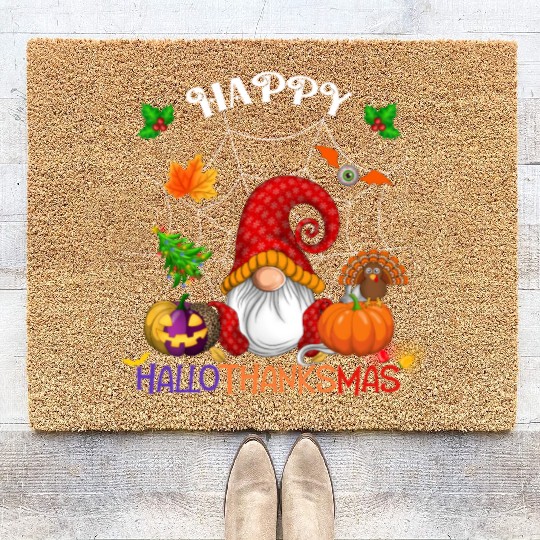 Happy HalloThanksMas Gnome Coir Doormats