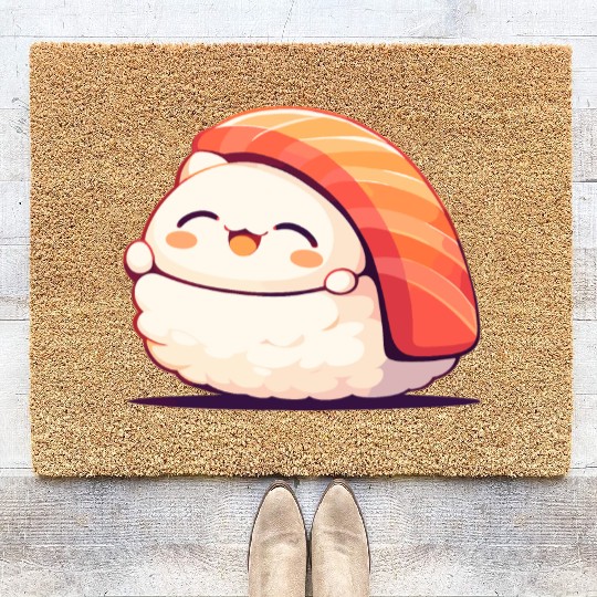 Kawaii White Cat Salmon Nigiri Sushi Coir Doormats