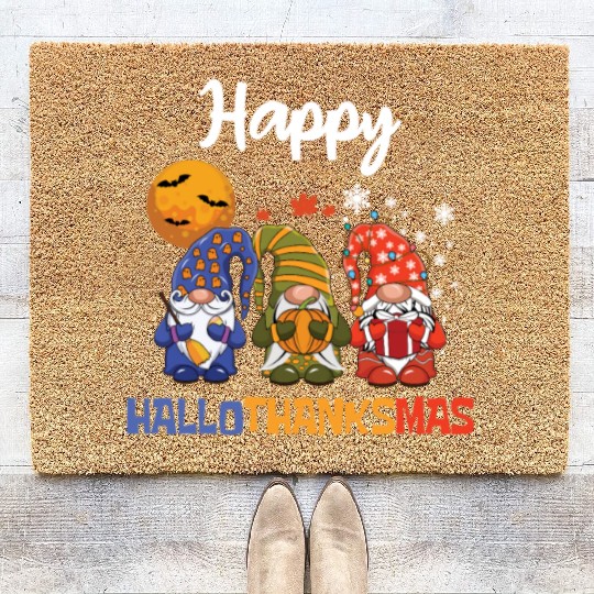 Happy Hallothanksmas Halloween Thanksgiving Gnome Coir Doormats