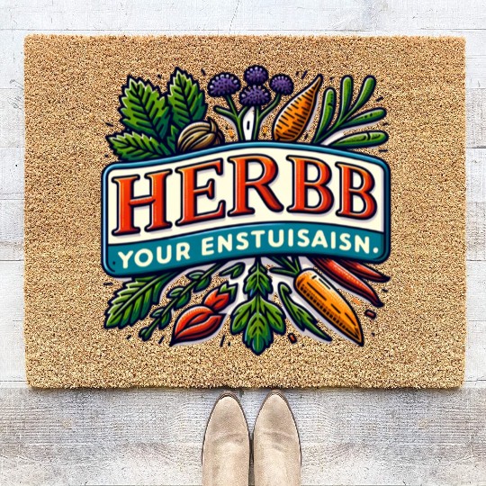 Herb Your Enthusiasm: A fun, punny herbs design. Coir Doormats