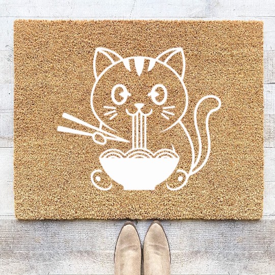 Cute Cat Eating Ramen Kawaii Food Design Coir Doormats
