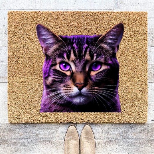Vivid Lilac-Eyed Tabby Cat Portrait Coir Doormats