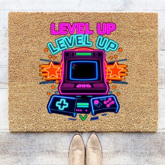 Neon Arcade Glory: Level Up Coir Doormats