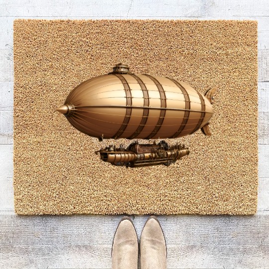 A large steampunk-style airship with bronze metal Coir Doormats