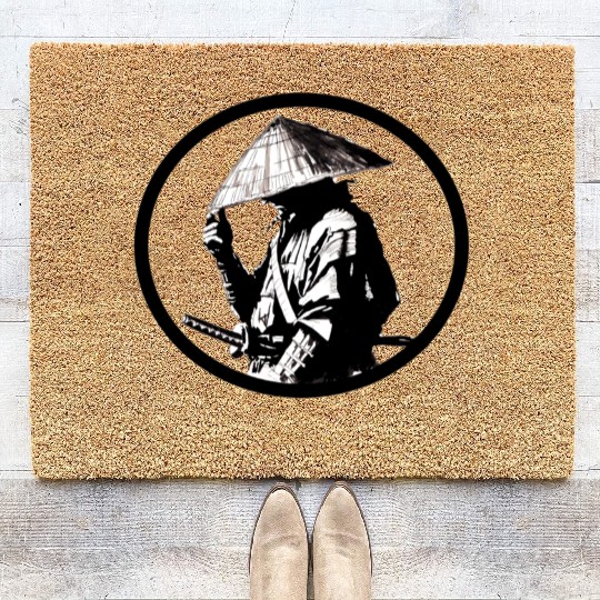 Samurai with Umbrella Ink Illustration Coir Doormats