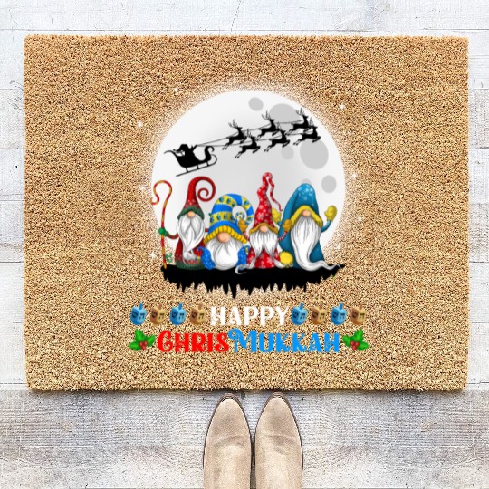 Happy Chrismukkah Gnomes Christmas Hanukkah Coir Doormats