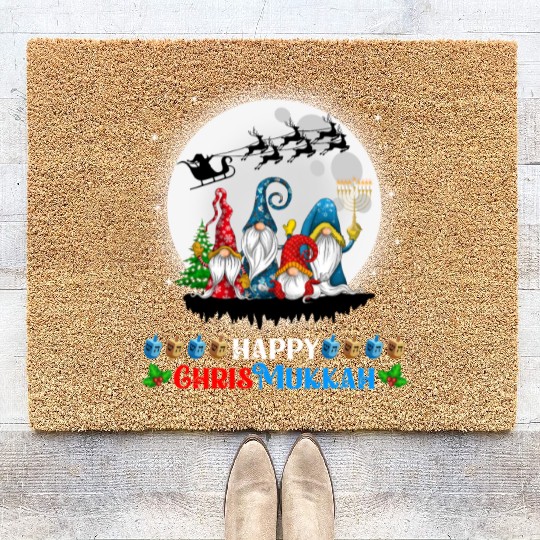 Happy Chrismukkah Gnomes Christmas Hanukkah Coir Doormats