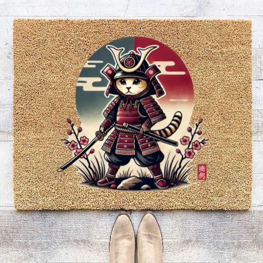 Samurai Cat: Vintage Ukiyo-e Warrior Art Coir Doormats
