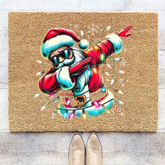 Dabbing Santa with Christmas Lights and Snowflakes Coir Doormats