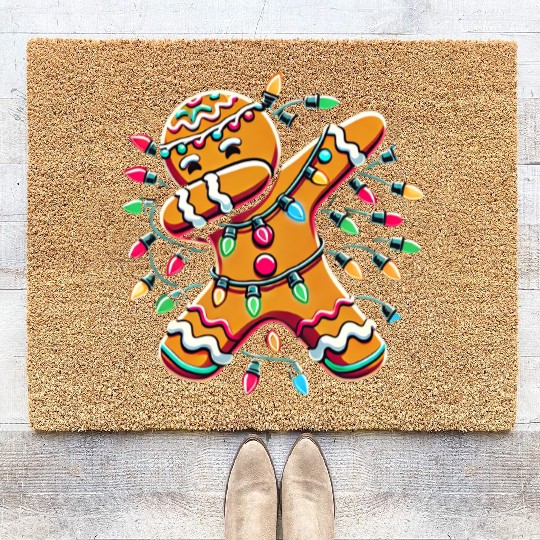 Dabbing Gingerbread Wrapped in Christmas Lights Coir Doormats