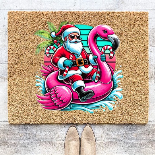 Santa Riding Flamingo in Tropical Christmas Fun Coir Doormats