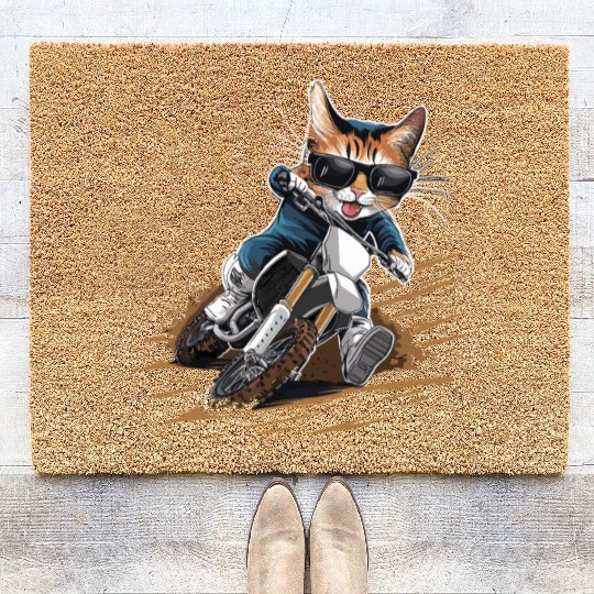 Cat Wearing Sunglasses Riding Dirt Bike Coir Doormats