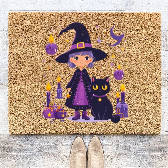 witch cat candles Halloween decor Coir Doormats