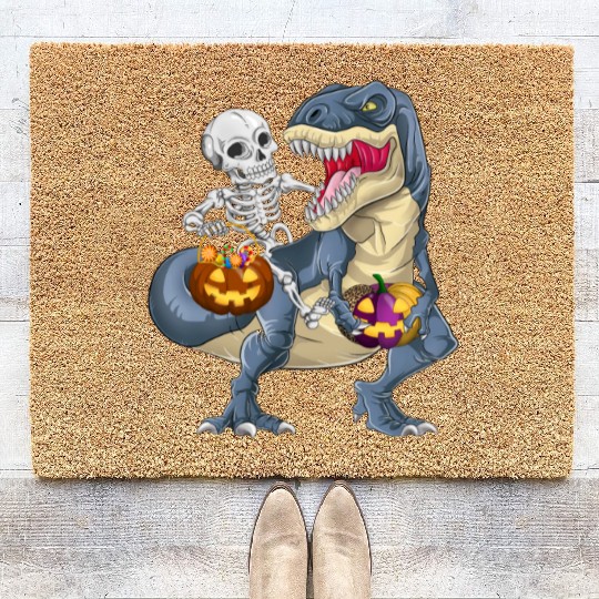 Skeleton Riding Dinosaur T rex Halloween Pumpkin Coir Doormats