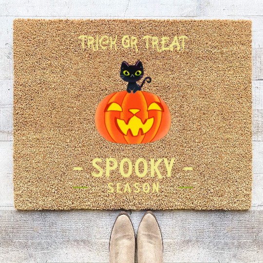 Spooky Season Trick or Treat Cat on Pumpkin Coir Doormats