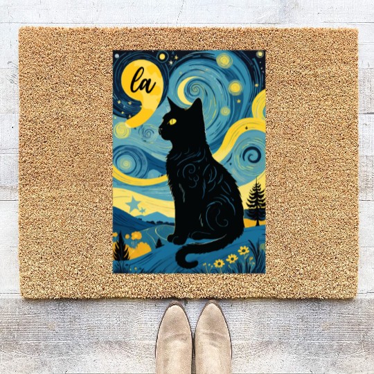 Halloween Starry Night Black Cat Comma La Harris Coir Doormats