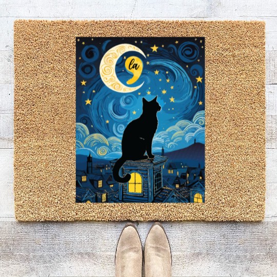 Halloween Starry Night Black Cat Comma La Harris Coir Doormats