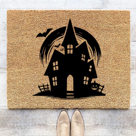 Bat Full Moon Haunted House Halloween Tattoo Coir Doormats
