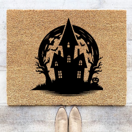 Spooky Haunted House Full Moon Halloween Party Coir Doormats