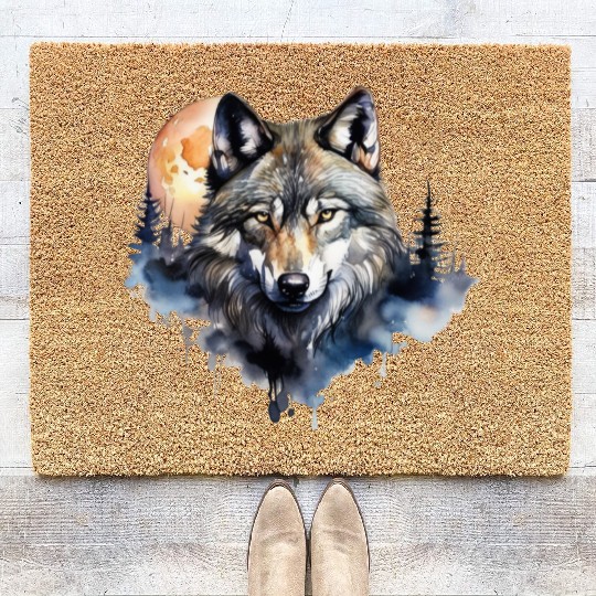 Wolf Portrait Under Full Moon Design Coir Doormats