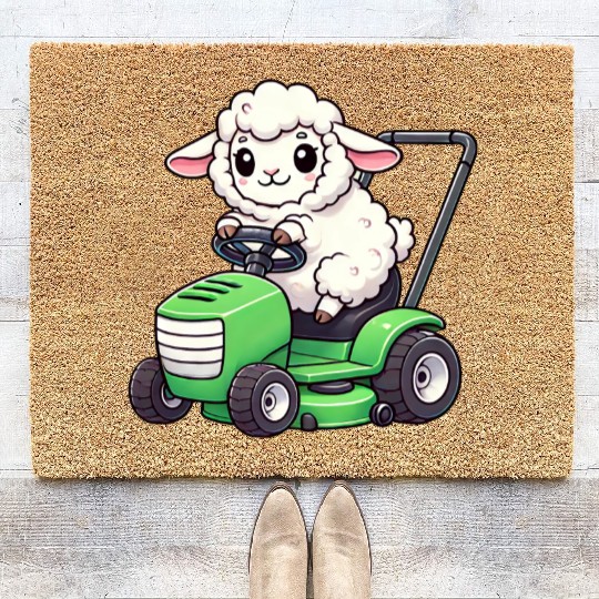 Funny sheep lawn mower farmer lamb grass Coir Doormats