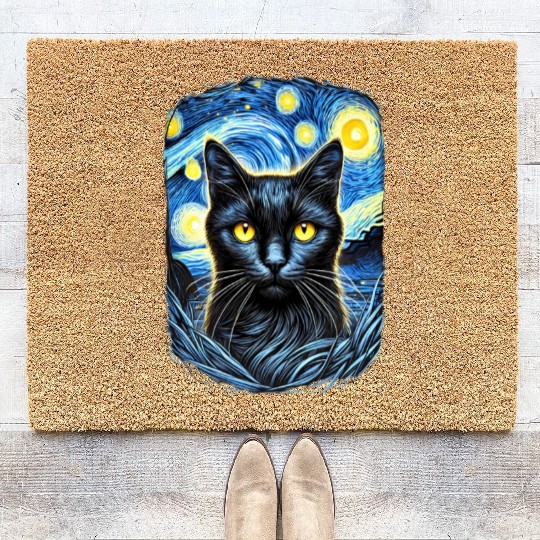 Funny Starry Night Black Cat Van Gogh Art Cat Coir Doormats