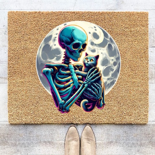 Skeleton Cute Cat Skull Kitty Halloween Coir Doormats