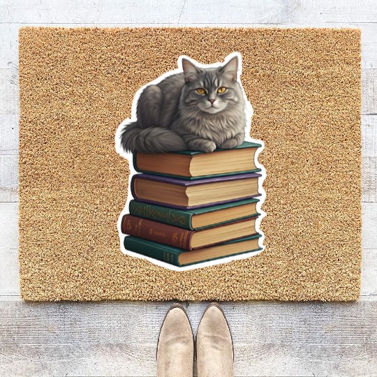 Grey Cat Loaf On Books Coir Doormats