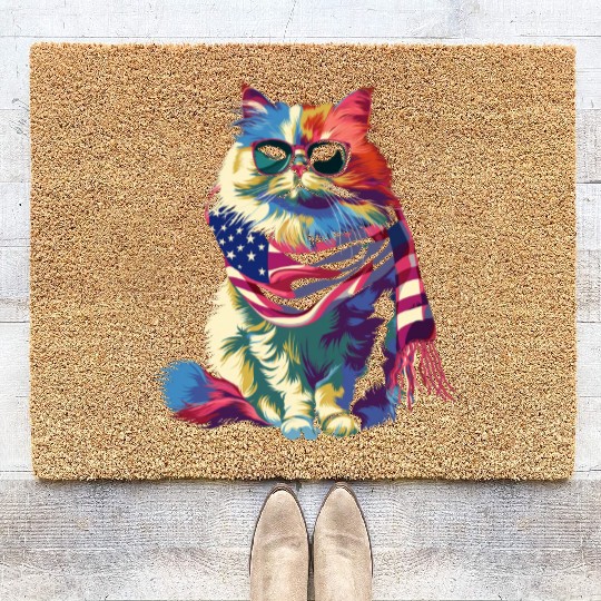 Persian Cat Patriotic US Flag Sunglasses Popart Coir Doormats