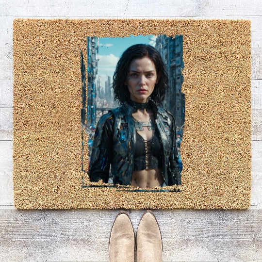 Portrait of a sci-fi cyberpunk girl Coir Doormats