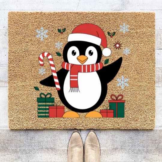 Cute Christmas Penguin - Candy Cane and Gifts Coir Doormats