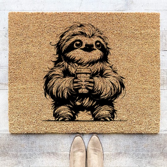 Morning Coffee Sloth Pencil Sketch Coir Doormats
