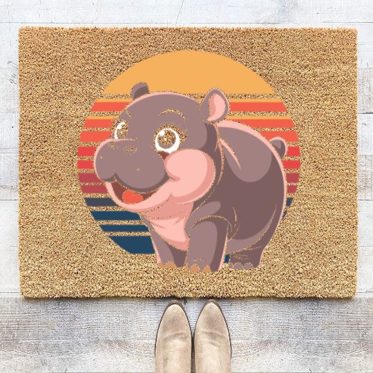 Adorable Moo Deng Hippo Sunset Vibes Coir Doormats