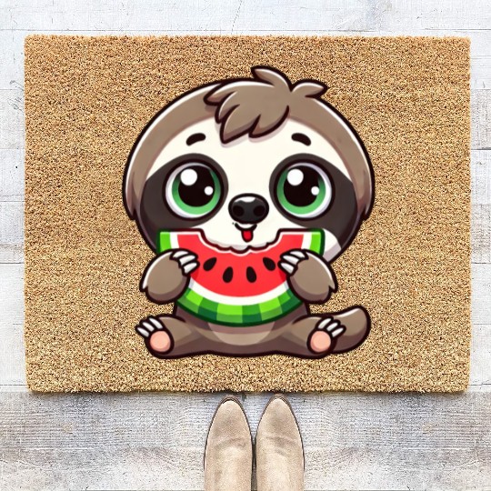 Sloth with watermelon cartoon summer vibes Coir Doormats