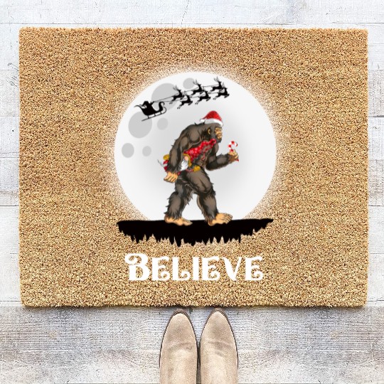 Believe Santa Bigfoot Carrying Gnome Christmas Coir Doormats