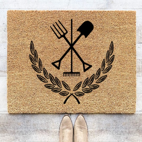 Garden tools in laurel wreath Gardener logo Coir Doormats
