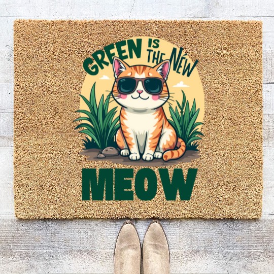 Cool Cat with Sunglasses Green Is the New Meow Coir Doormats