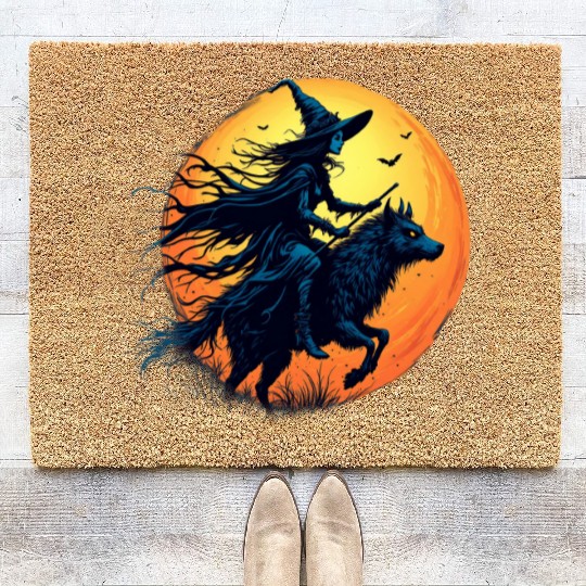 Halloween Witch Riding a Wolf Under Full Moon Coir Doormats