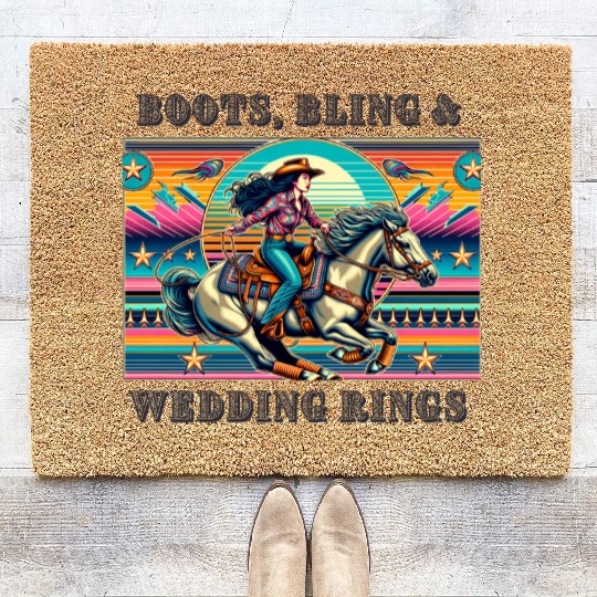 Retro 80's Cowgirl Rodeo | Boots, Bling, & Rings Coir Doormats