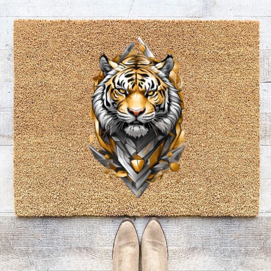 Majestic Tiger Emblem: Gold and Silver Art Coir Doormats