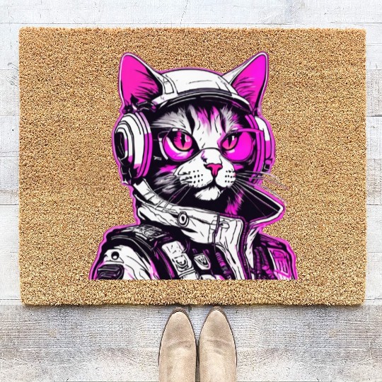 Punk Cat with Futuristic Headphones Coir Doormats