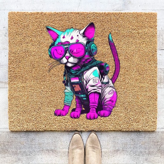 Punk Space Cat with Neon Goggles Coir Doormats