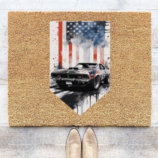 Rev up your patriotism - Muscle car and usa flag Coir Doormats