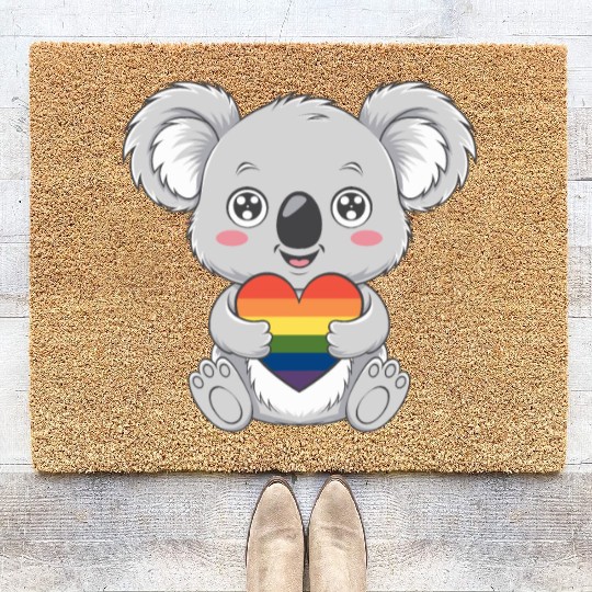 Cute Koala Holding Rainbow Heart LGTBQ Pride Coir Doormats
