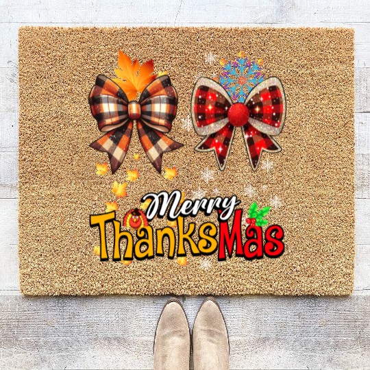 Merry Thanksmas plaid Coquette Bow Christmas Plaid Coir Doormats
